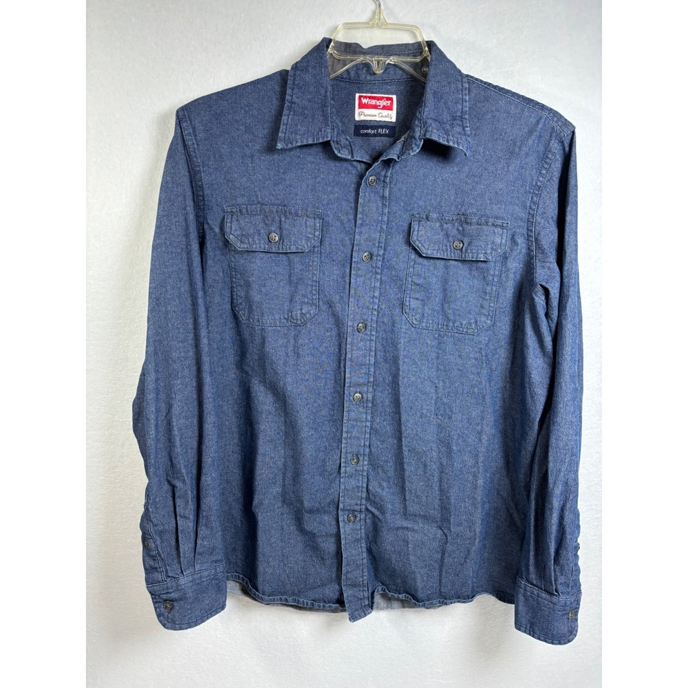 Wrangler Shirt Mens Medium Blue Cotton Blend Comfort Flex Western Button Down M